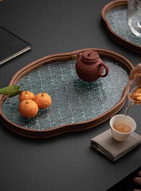 日棠花玻璃茶托盘复古竹海点制茶盘简约家SBA用茶室水式果心盘收