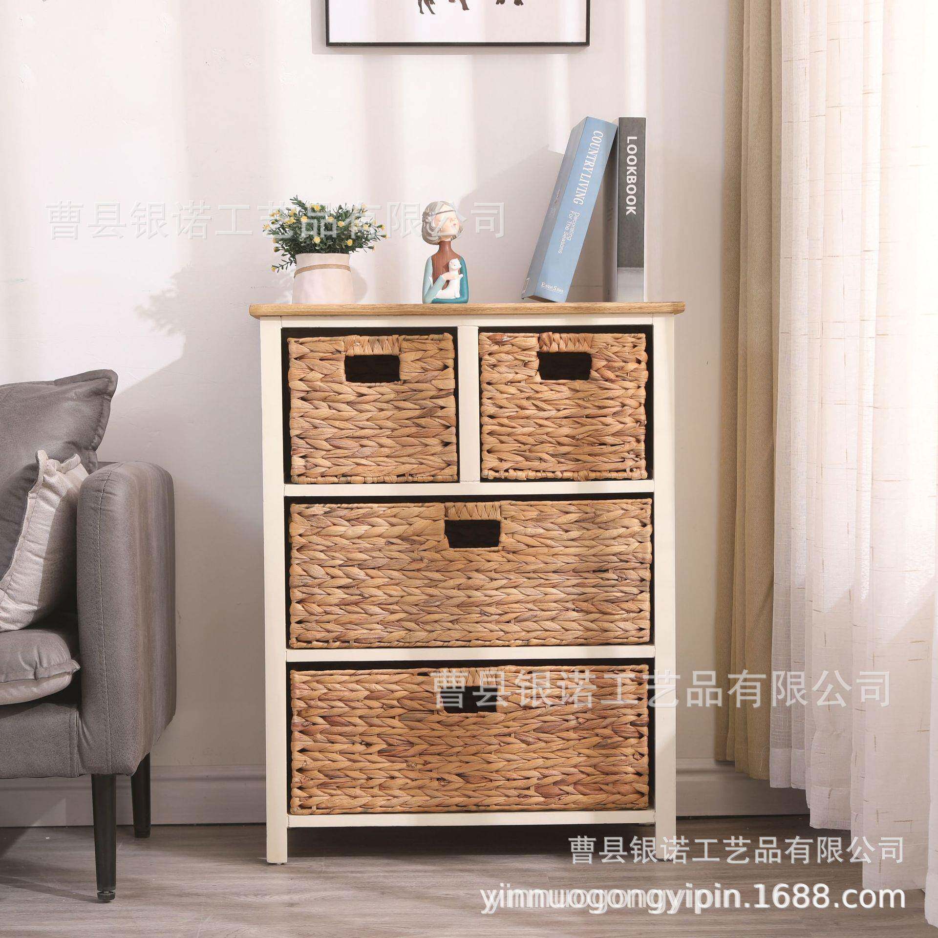 木质家居北欧床头柜编织筐卧室多层收纳储物抽屉柜斗柜编织收纳柜