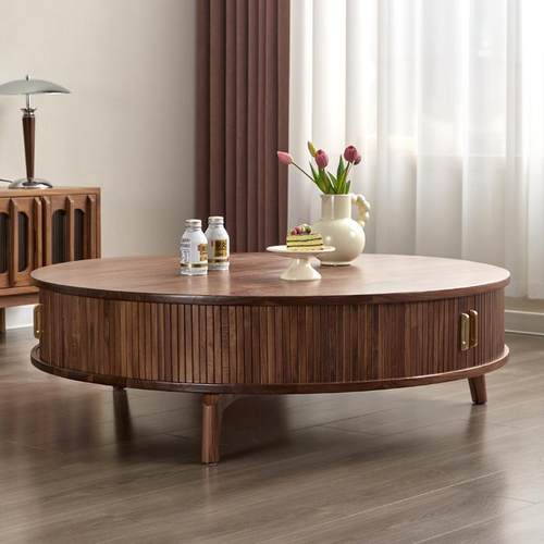 北美黑胡桃全实木圆形茶几现代简约樱桃木原木客厅多功能储物茶几