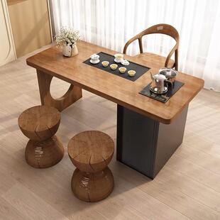 阳台茶桌椅组合小型家用茶台烧水壶一体奶油风实木阳台泡茶桌