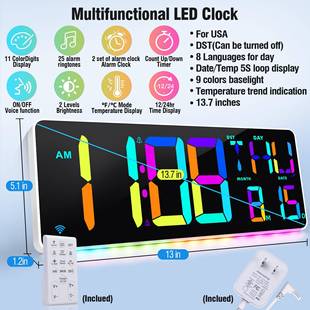 新款变色RGB挂墙闹钟炫彩多功能大屏电子钟壁挂式