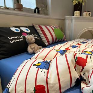 卡通可爱小猫床上四件套全棉纯棉2024年新款红色条纹1米5公寓床品