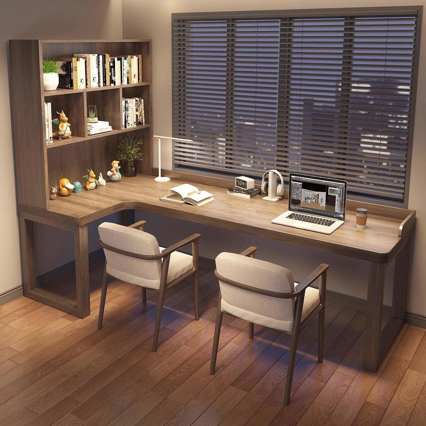 全实木转角书桌书柜一体双人儿童学习桌L型电脑桌办公拐角7工作台