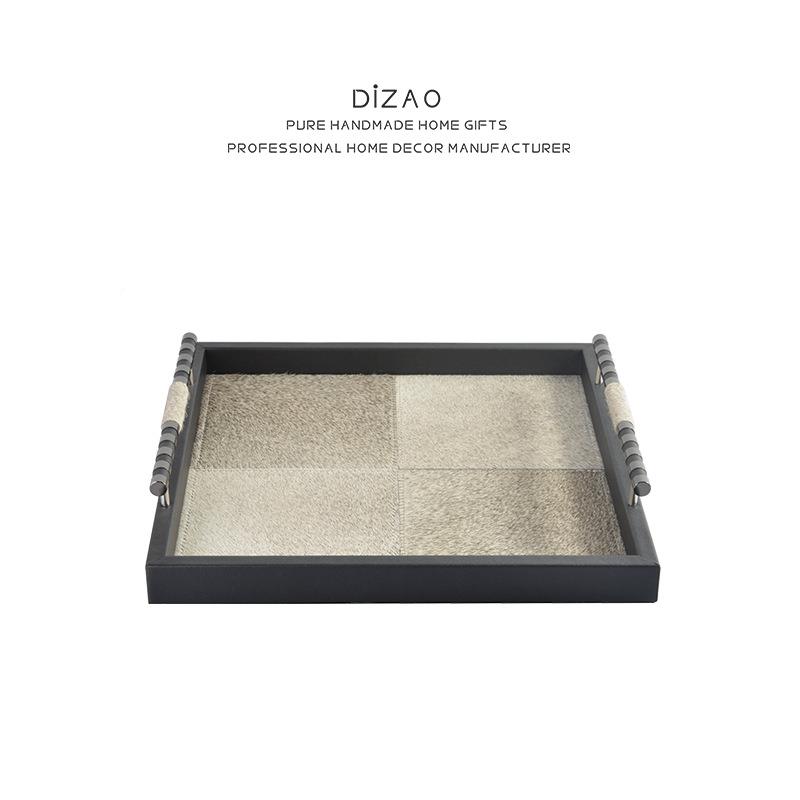轻奢摆现代金属把手木质DZ-1001皮革拼接收马毛托盘客厅茶几纳盘