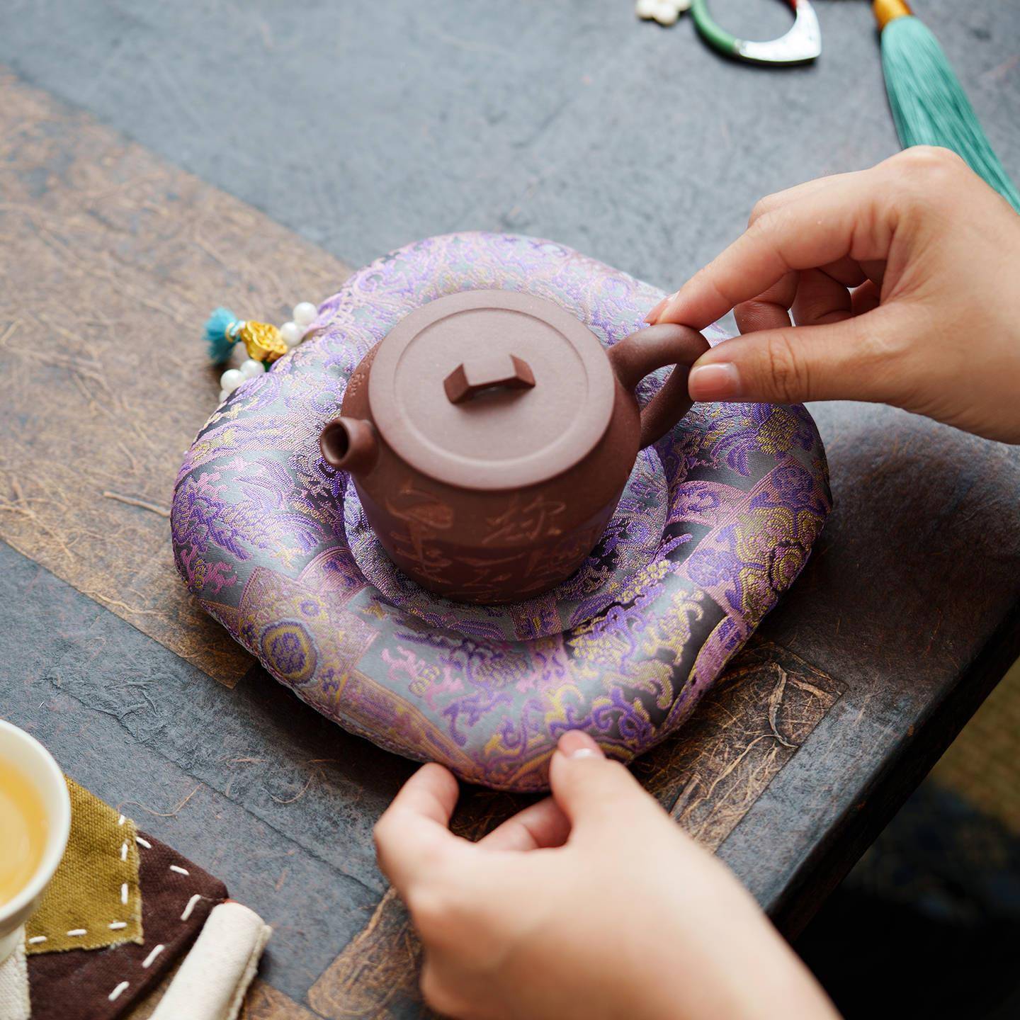 中式织垫锦串珠流苏茶壶杯厚垫PC2025CD茶道配件干茶泡垫防烫隔热