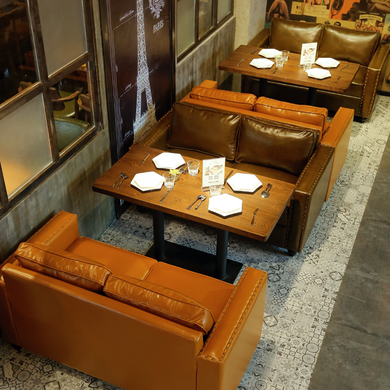 北欧复古咖啡厅双人皮沙发洽谈高档西餐厅奶茶店卡座X沙发桌椅组