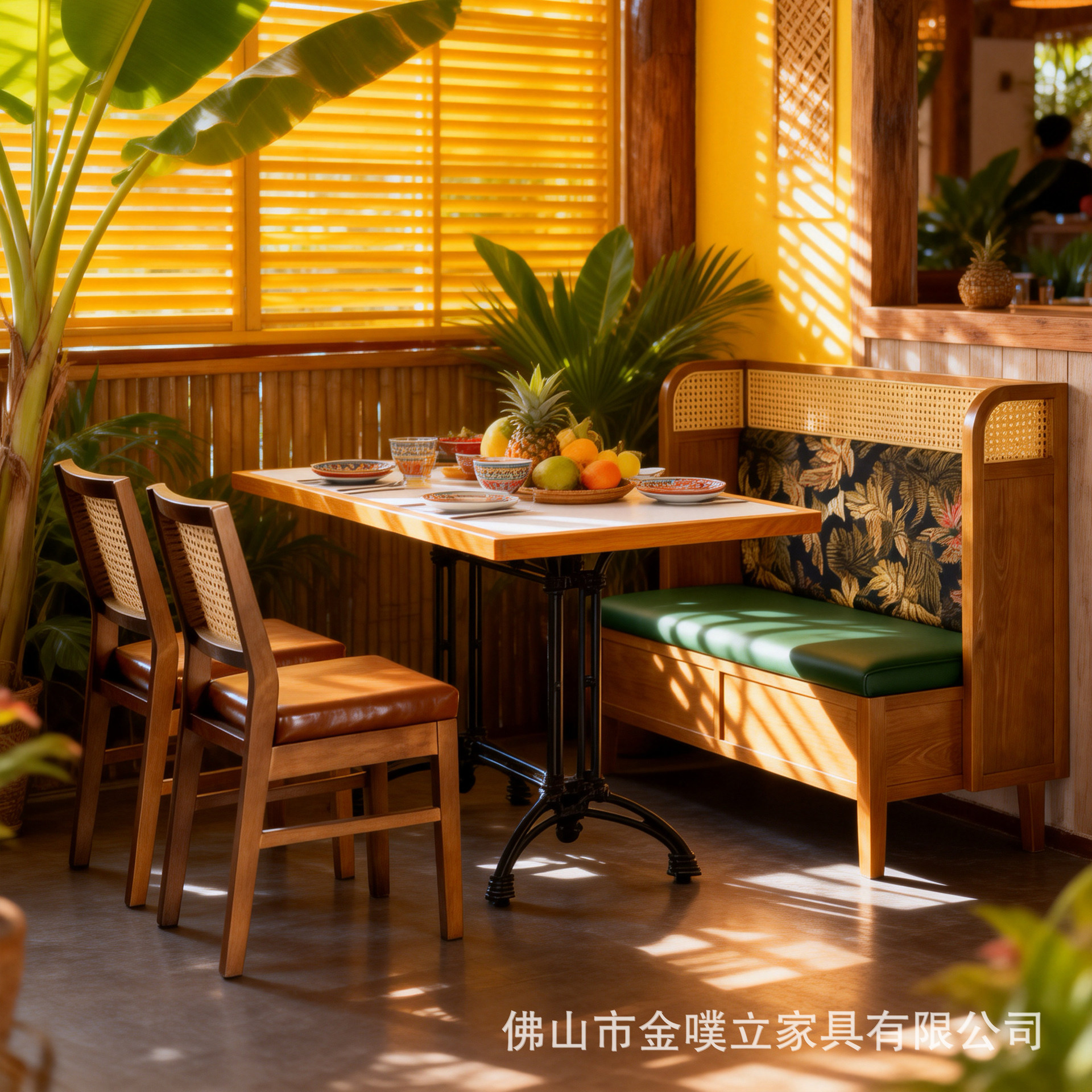 东南亚风主题西餐厅实木藤编卡座沙发茶餐厅复古南洋小馆商用桌椅
