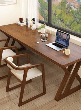 客厅实木长条书桌双人工作台简约现代小户型家用靠墙写字桌学习桌