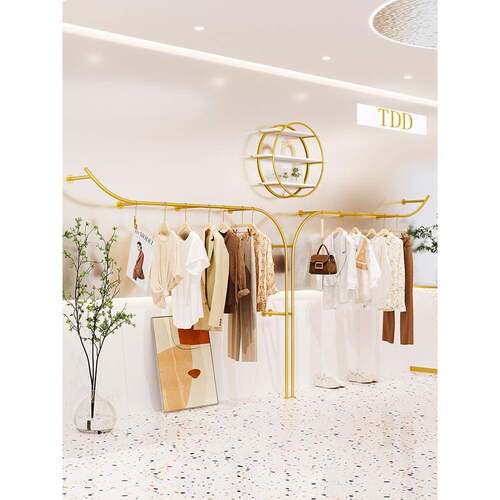 服装店展示架上墙壁挂式货架轻奢铁艺金色陈列架组合女装店挂衣架
