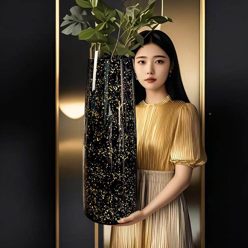 复古风大号落地1740黑金玻璃花花瓶鲜厅插雪柳龙柳水培容器家摆居