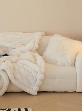 欧简约轻奢秋冬暖双面PVM波风斯绒宽条毛毯ins纯色沙发卧保室盖北