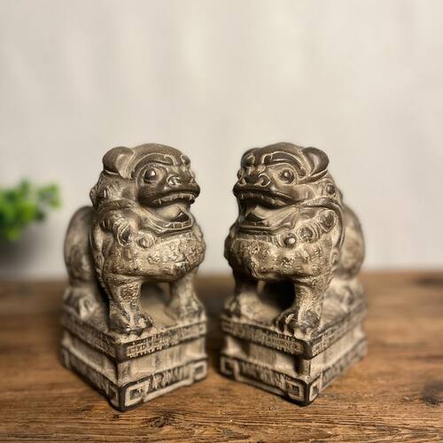 青石仿古雕刻案头狮子一对家居茶室会所文房摆件复古老石雕文玩