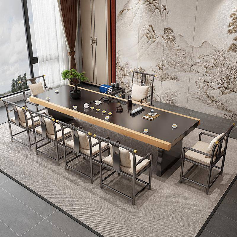 实中木大板茶桌椅组合办台公PKB室茶茶桌新式禅意茶几带茶盘一体