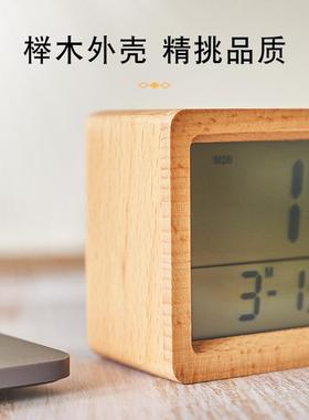 新款实制作时6简约温AL641101湿度190时钟夜光床头钟大屏木钟创意