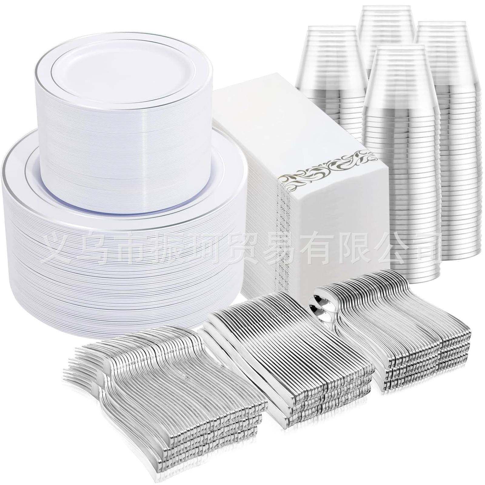 175个套装一次性餐具料底金盘酒VIR杯刀边叉勺黑镂空盘PS硬塑玫瑰