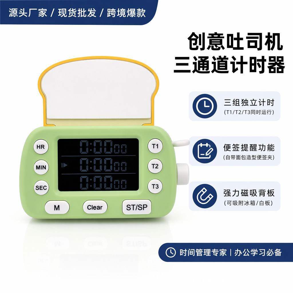 厂家直销跨境三通道电子定时器厨房提醒器家用记忆功学习工作通用