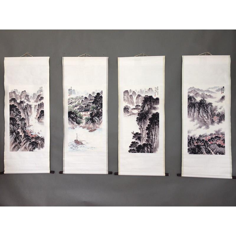古董古玩宋文治山水画挂画字画中堂画四条屏装饰品摆件