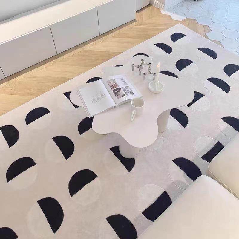 联系客服北欧简约地侘寂奶油色黑白月亮毯镶嵌卧平面仿羊绒工艺室