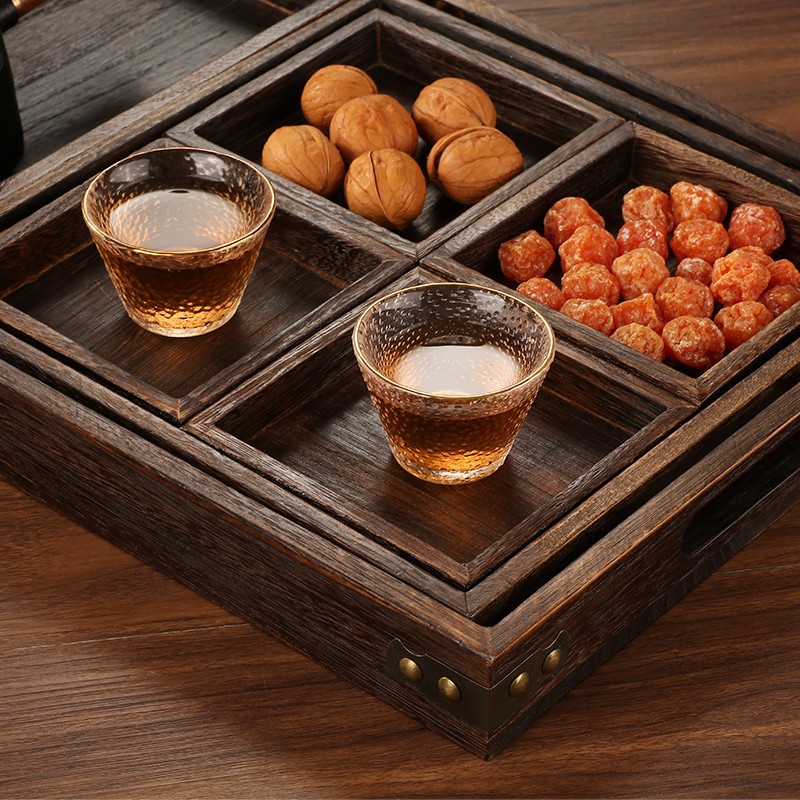 简约复古木质f围炉茶盘实木七件套木茶盘家用烧桐木茶点托盘干果