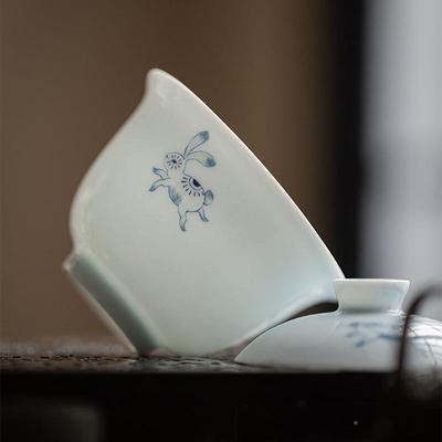 弥言手杯工超薄胎文盖碗青花茶纯手绘兔子泡茶QHMDT-00碗单个不烫