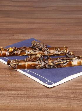 黄铜竹镇纸书房办公工室艺礼足品竹节镇纸知常乐镇尺桌节面装饰摆