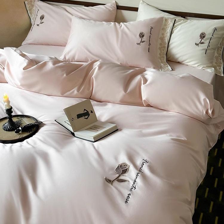1轻奢风简100S长绒棉被四件套约玫瑰刺YLS-2024绣贴单布绣套床1.8