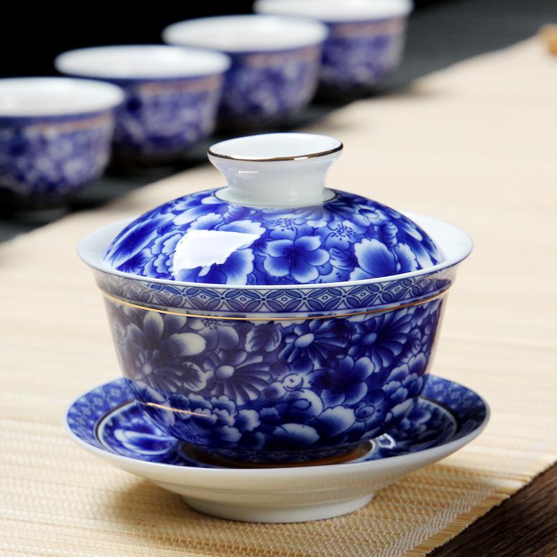 青花瓷功夫具套装HSFQHC01整白万地金花彩金盖碗茶壶茶套杯瓷垫特