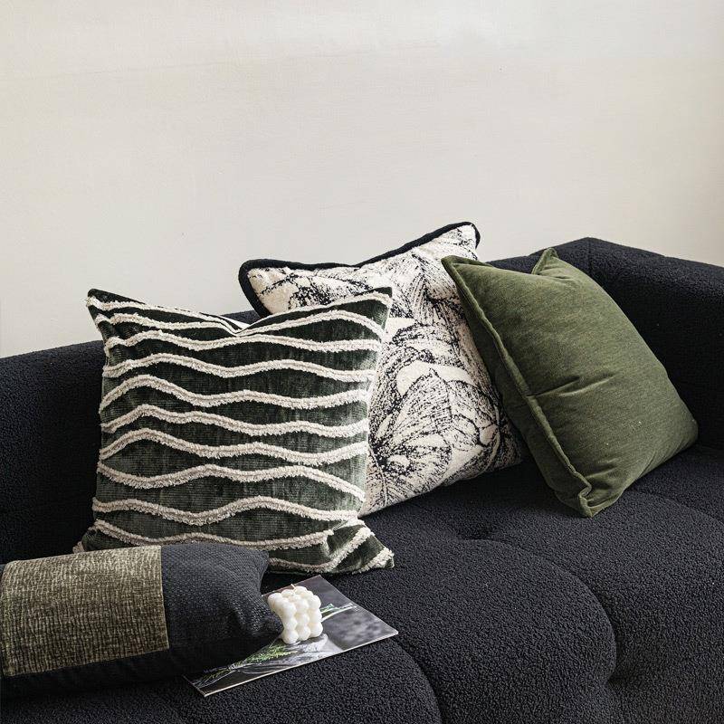 风古黑白羊IPT毛大花靠垫套轻奢法式复绿古客厅复沙发样板房抱枕