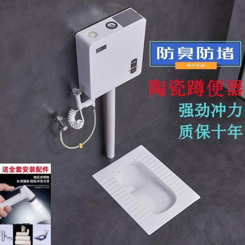 家用蹲便器冲水套装蹲坑79式便盆陶大便器卫生间蹬便池臭防瓷箱蹲