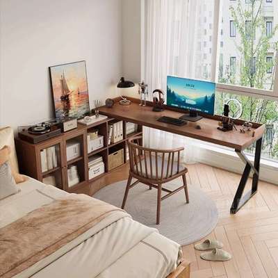 实木双人办公桌卧室L型靠墙书房拐角电脑桌转角书桌书柜一体组合