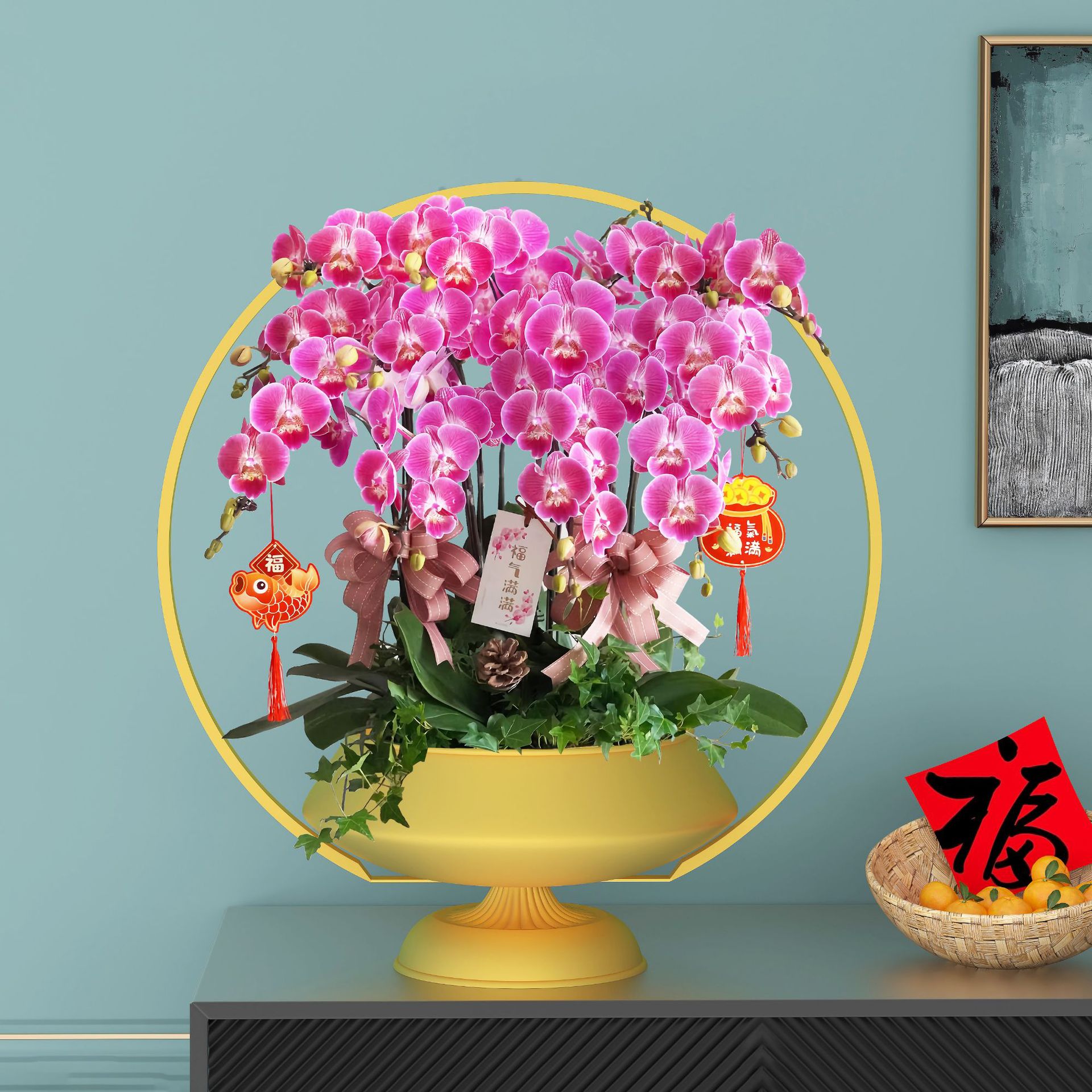 新中式蝴蝶兰花盆花架仿真植物花盆简约轻奢年宵花盆栽摆件大号