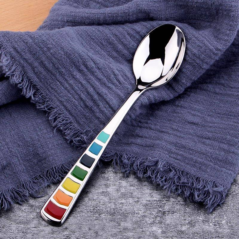 043不钢勺子儿童彩558虹锈勺家用成人七彩调羹创饭意西餐勺学生吃