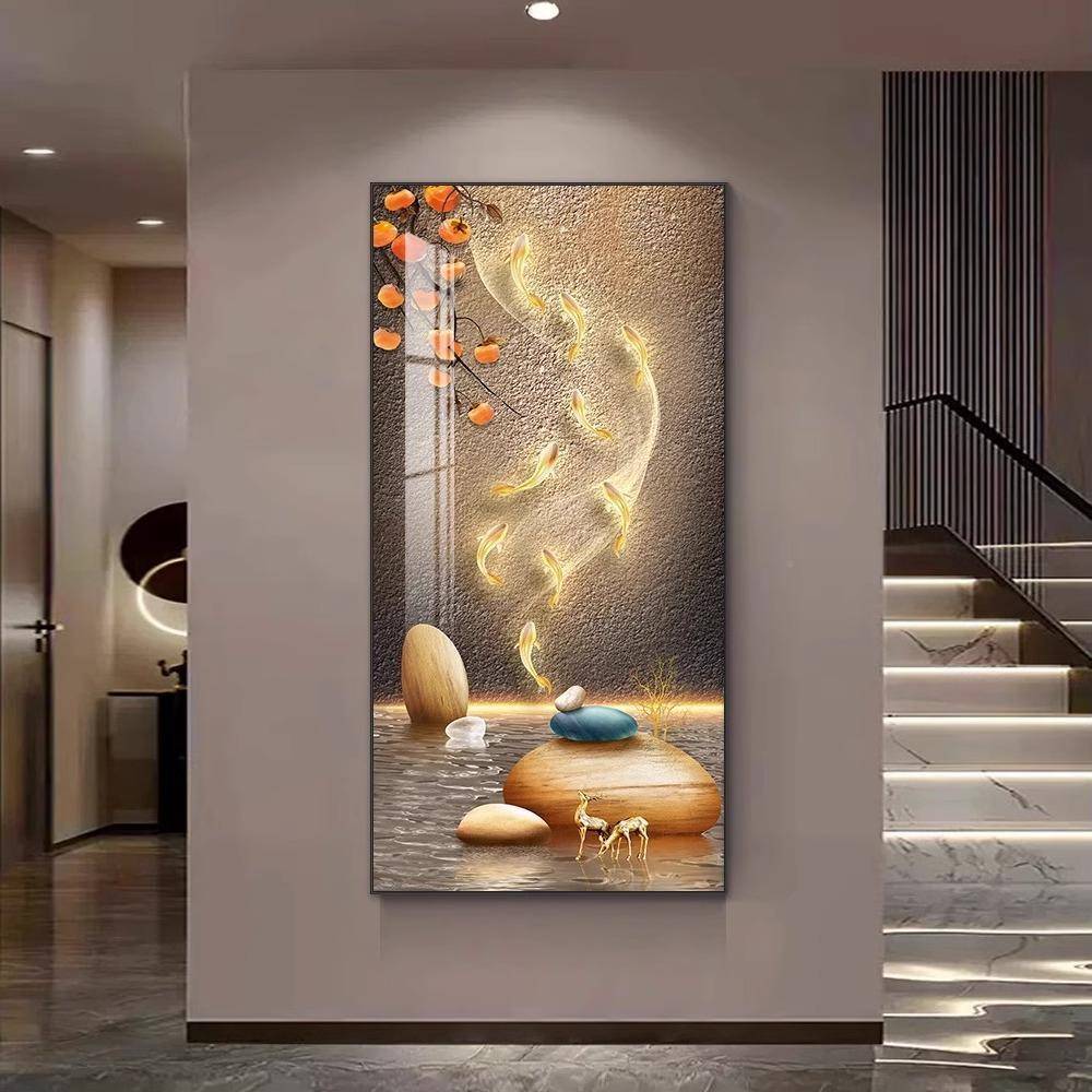 轻奢九好鱼约图玄关装饰挂画走廊道招财竖版984灯画过现代简寓意