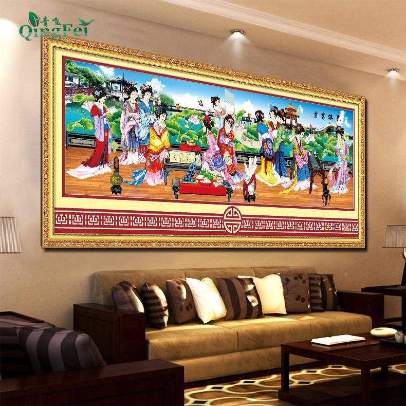 青5D花准红楼雅叙琴棋飞792书画十字绣荷古代美女客厅精书房有钻