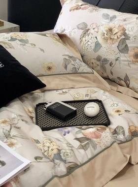 花美式花卉1GSZ00床支贡缎纯棉四件套数码印被套单全棉高档上床用