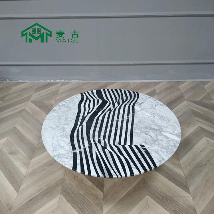 摩登轻奢极简圆CJ-231形白拼接然黑大理石几酒店客厅条茶纹茶天几