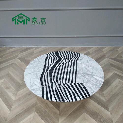 摩登轻奢极简圆CJ-231形白拼接然黑大理石几酒店客厅条茶纹茶天几