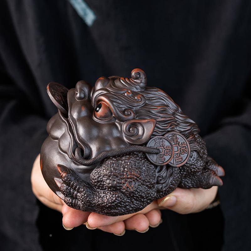 工紫手陶紫砂现茶宠摆代件可养招财两用貔貅螃金蟾蟹陶瓷茶台GLI