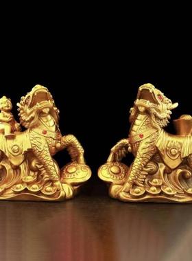 黄铜送子麒麟件金女童玉麒麟摆件铜家居办公黄室摆装送子麒麟饰品