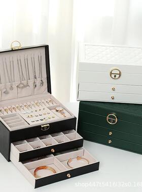 多功能首饰大三层带锁皮质珠收首饰盒纳盒耳环饰品盒耳宝饰收MDO