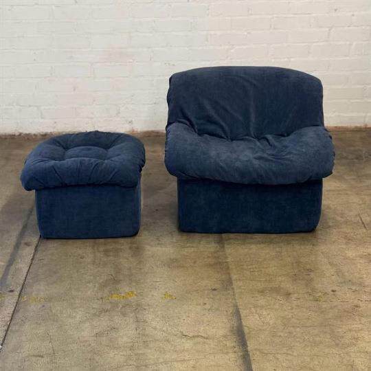 蓝色单人椅布艺客厅大小户型设计师款中古简约风单人沙发脚踏组合