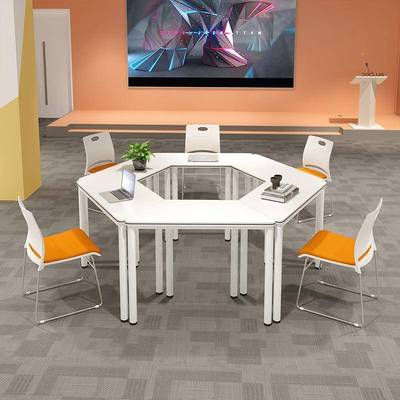 学校训教育机构培梯形桌698563-2简约现单代六边形拼接会桌椅位议
