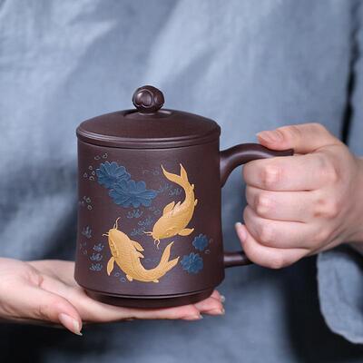 陶紫来顺紫砂杯带盖大容22量家用21212鱼盖杯瓷礼品杯刻字112