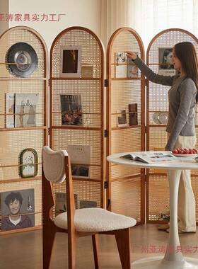 北欧风藤屏风隔断架艺术置物空电镀木可移动延长HJB客编厅间