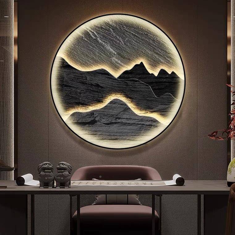 新中画式玄装饰画关ed灯画酒店KMA包间山水正对门l过道圆形发光挂