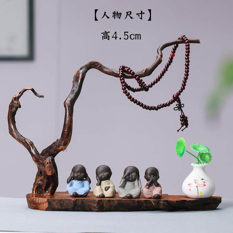 意新中式禅GSY根雕套关装摆件紫砂小和尚客茶厅电视柜桌玄创意装