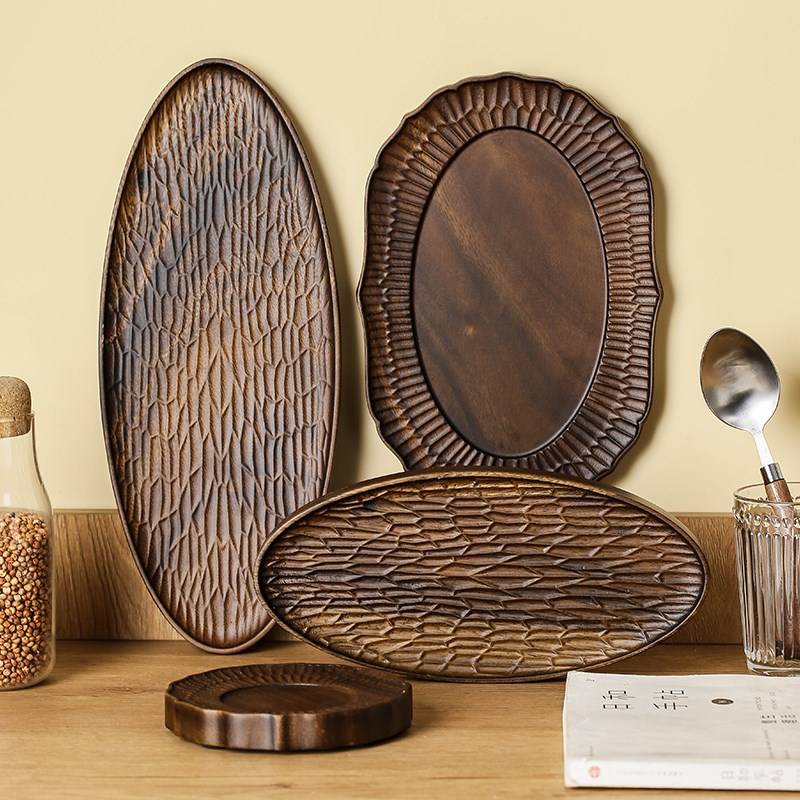 胡桃木茶盘椭圆形锤纹壶承干泡台杯垫木质L果盘简约高档实木茶托