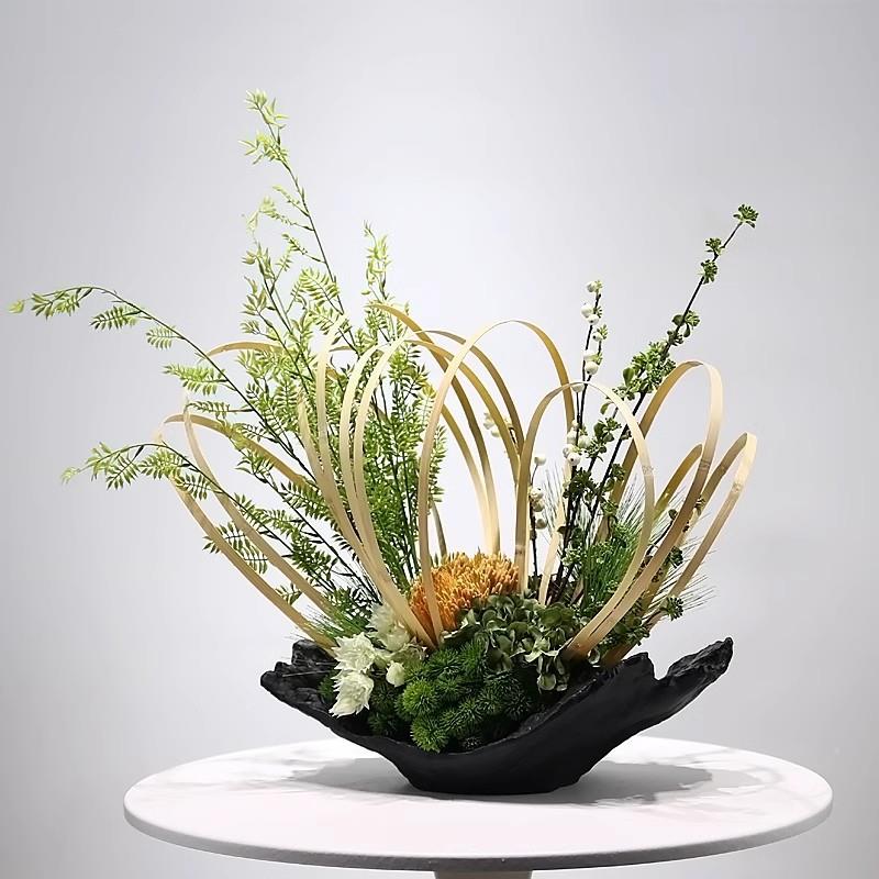 新中式现代竹仿城2342真绿植售花艺筏架构玄关市展厅楼处酒店前台