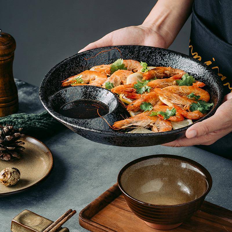 日式陶瓷饺子盘子带醋碟分司创意水饺盘家用KPS餐盘寿早盘格薯条