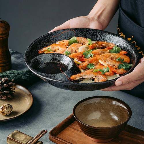 日式陶瓷饺子盘子带醋碟分司创意水饺盘家用KPS餐盘寿早盘格薯条